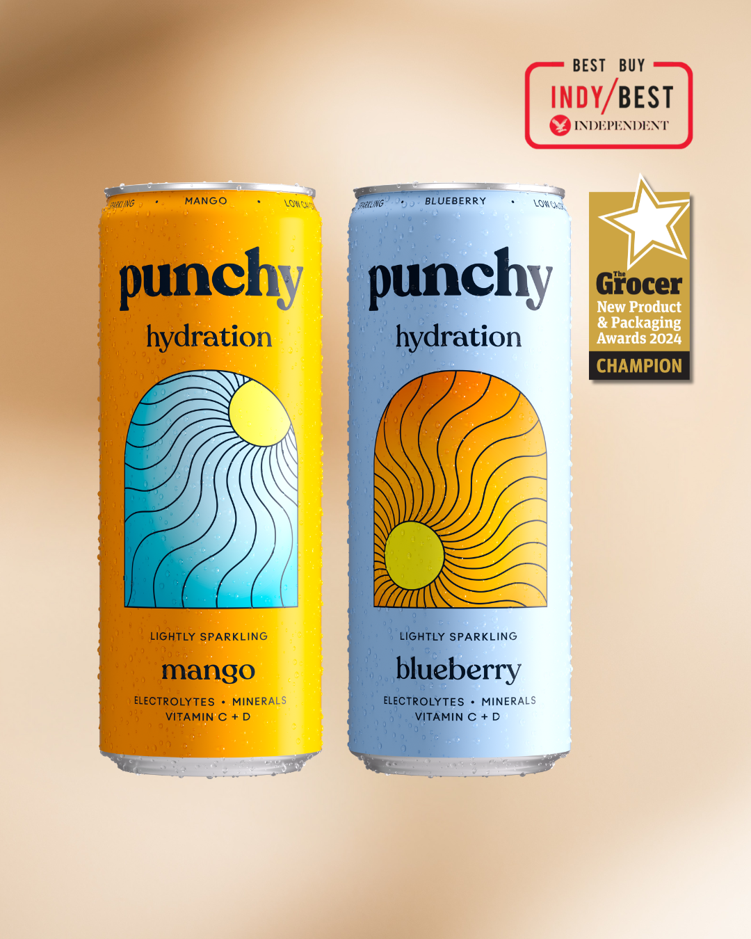 Two cans of Punchy hydration, one mango and one blueberry, on a beige background with awards displayed.